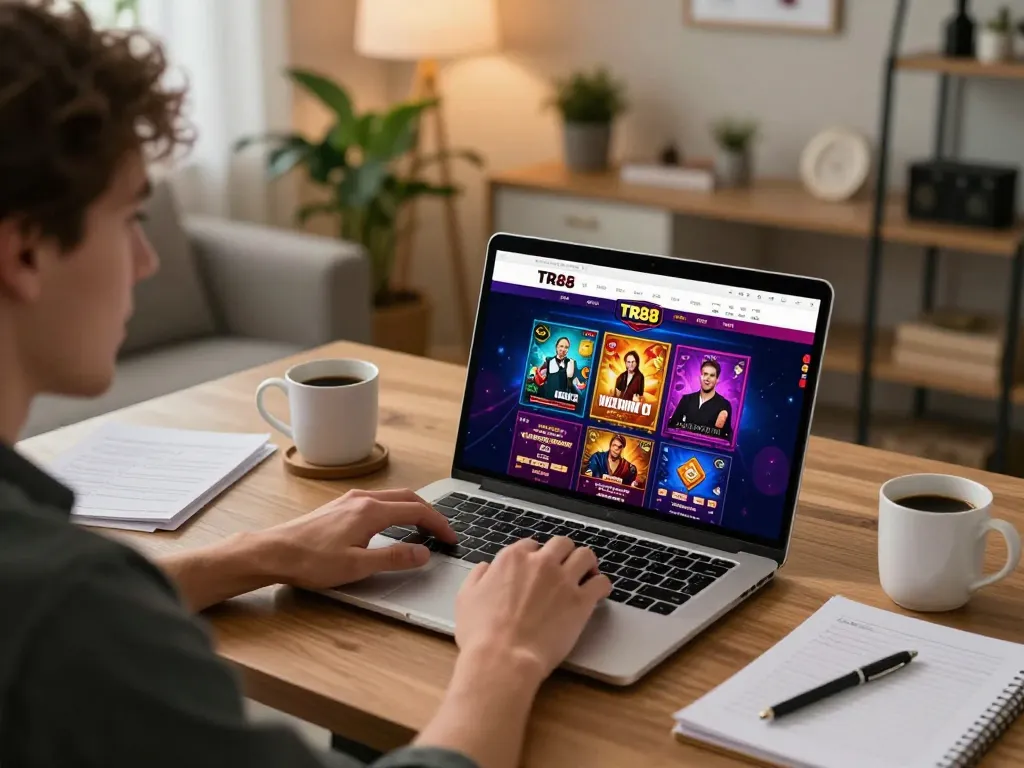 Player engaging with TR88 online casino platform, cozy home setup with gaming details.