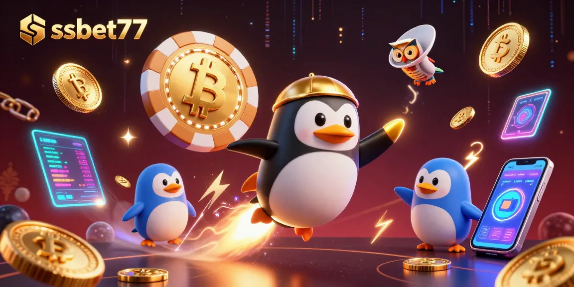 Experience the thrilling world of ssbet77 with a dynamic 3D illustration of a golden penguin blasting into casino space.