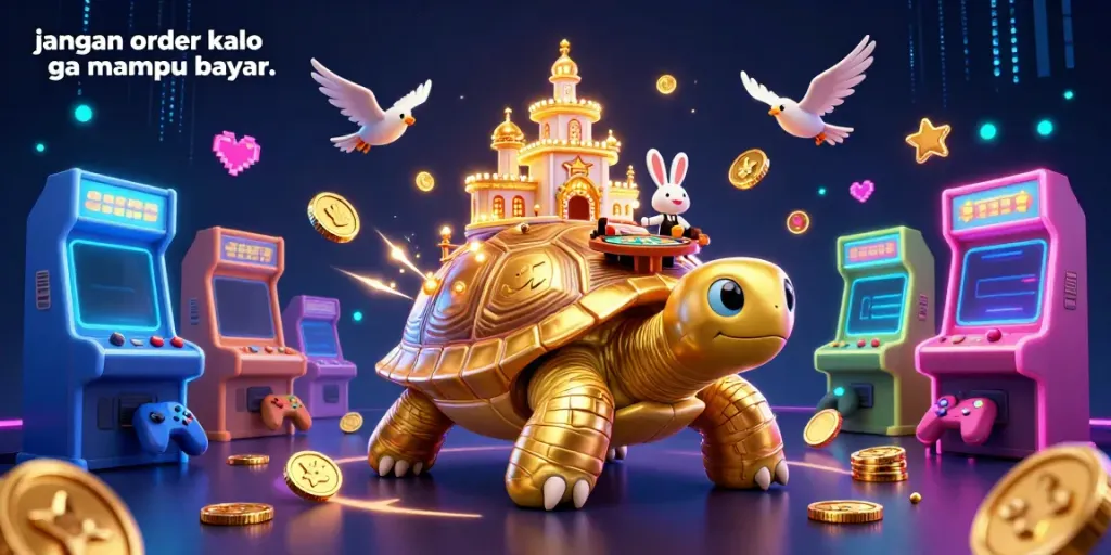 Experience the thrilling arcade atmosphere in this vibrant scene, featuring "jangan order kalo ga mampu bayar.." and golden tortoise with game machines.