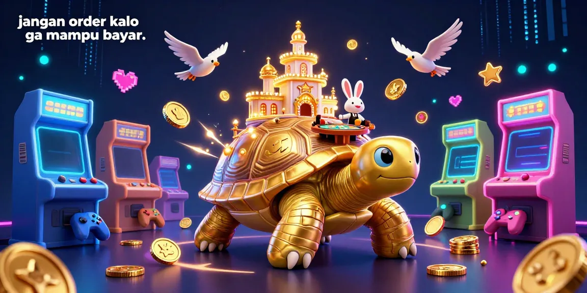 Experience the thrilling arcade atmosphere in this vibrant scene, featuring "jangan order kalo ga mampu bayar.." and golden tortoise with game machines.