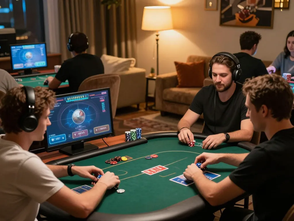 Engaged players enjoying LGOGOAL online poker session, showcasing strategy and social interaction.