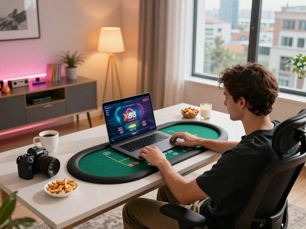 Engaging gameplay on X88.COM while seated at a cozy, well-lit home desk