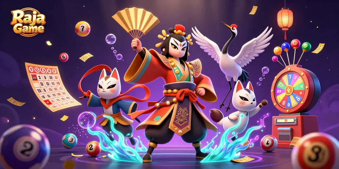 Engage in thrilling lotteries and rewards with Raja Game's vibrant character-filled illustration.