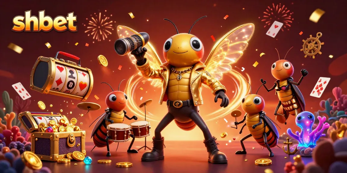 Experience the excitement of shbet with a dynamic 3D casino scene featuring a cicada rock star and vibrant game elements.