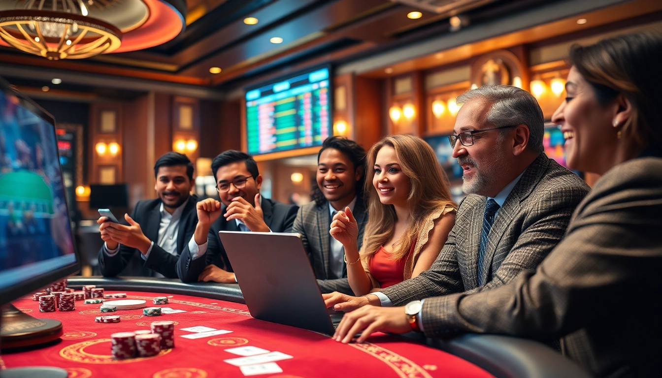 Experience thrilling Judi Bola Online betting with diverse players at an exciting casino table.