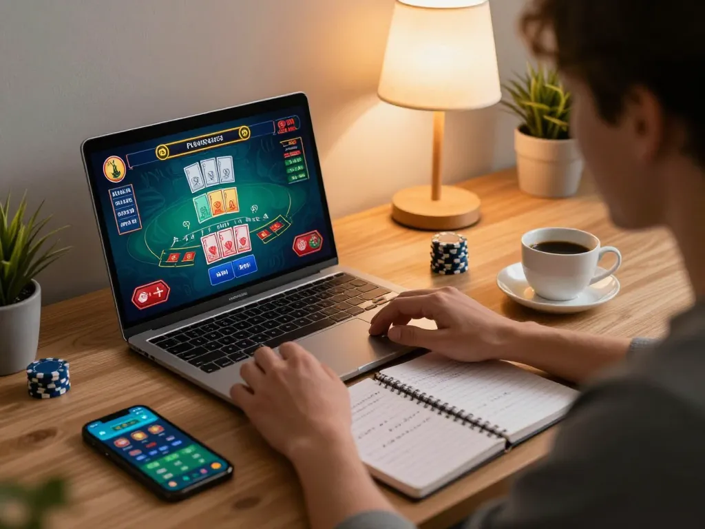 Player engaged in live dealer blackjack on laptop while exploring betting strategies with gen-e.
