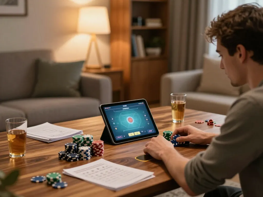 Player engaged in online poker gaming at home, featuring sunwin tools, strategy notes, and vibrant atmosphere.