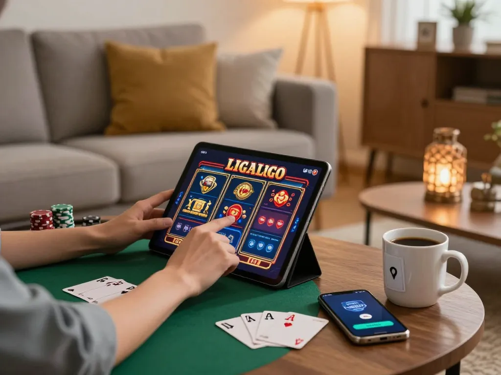 LIGALGO player enjoying slot games on tablet in cozy home setting, showcasing responsible gaming.