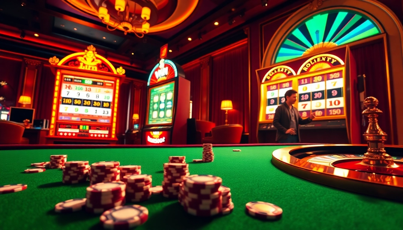 Engaging scene of idn slot machine in an upscale casino with poker chips and roulette.