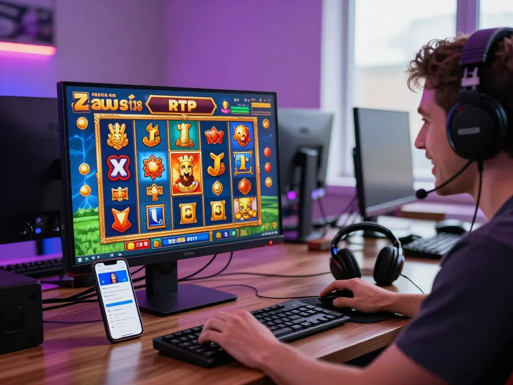 Player enjoying Zeus138 online slot games with vibrant graphics and a lively atmosphere