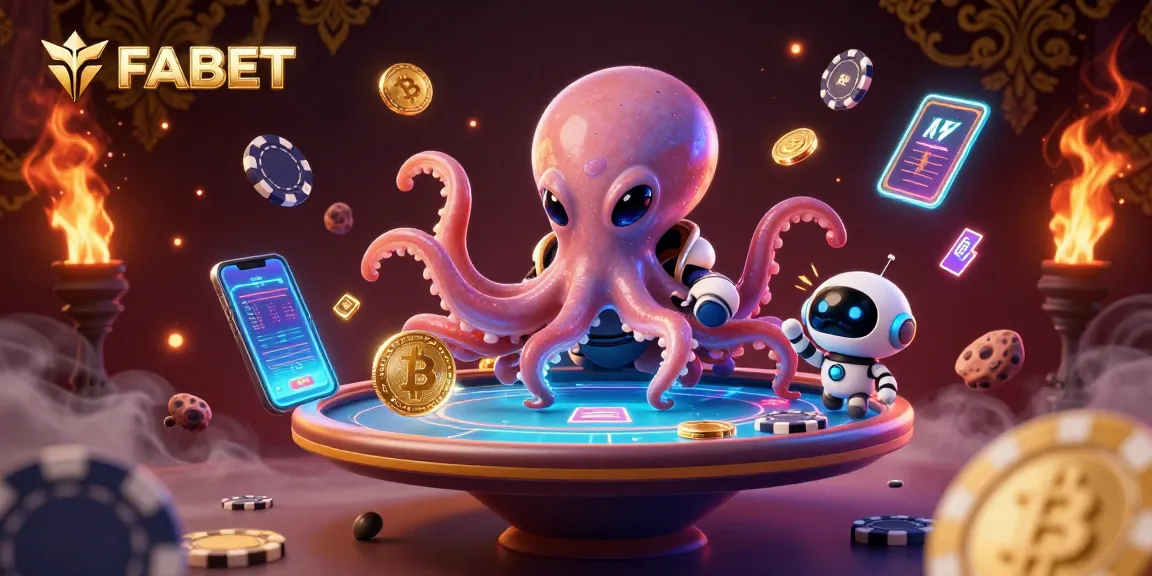 Engage with FABET's vibrant 3D casino scene featuring a playful alien octopus and dynamic crypto elements.