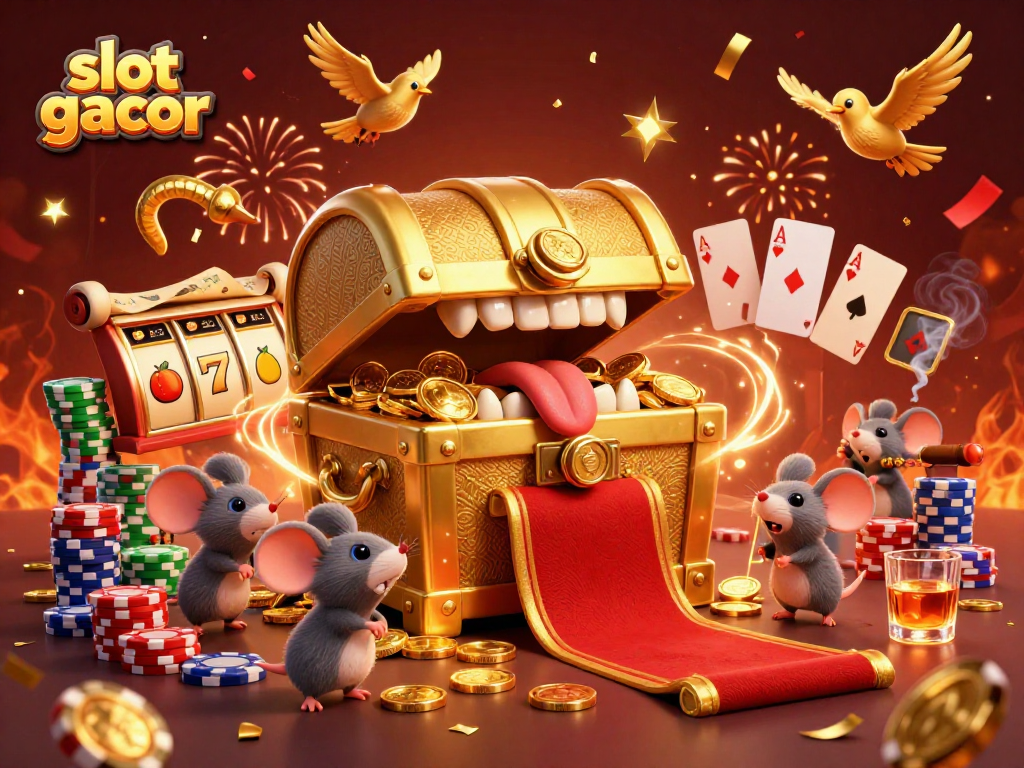 Engaging slot gacor illustration featuring a treasure chest, poker chips, and vibrant casino elements.