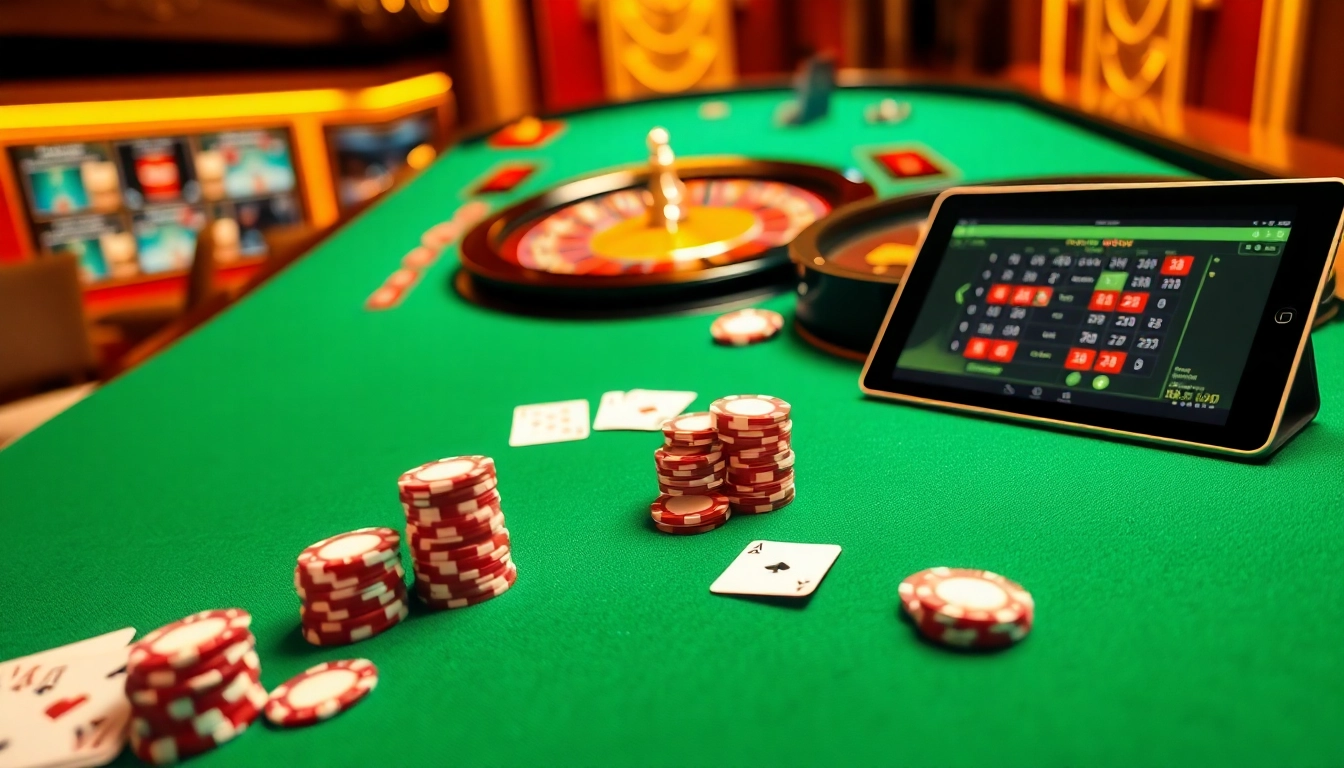 Players enjoying a thrilling game at RR 88's luxurious casino table with colorful chips and cards.
