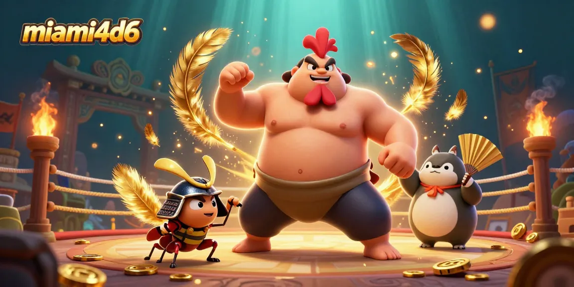 Engage with miami4d6's thrilling arena featuring a powerful sumo rooster and a fierce samurai cricket.