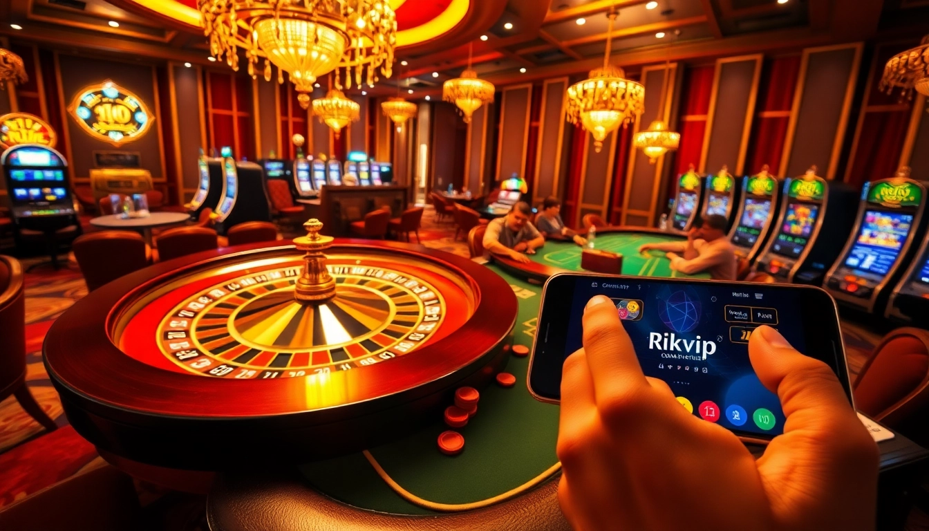 High-stakes gambling at Rikvip's luxury online casino, showcasing roulette and poker tables.