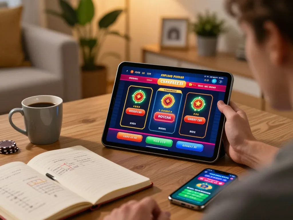 Engaging gameplay on trang chủ kuwin casino app showcased on tablet in a cozy living room.