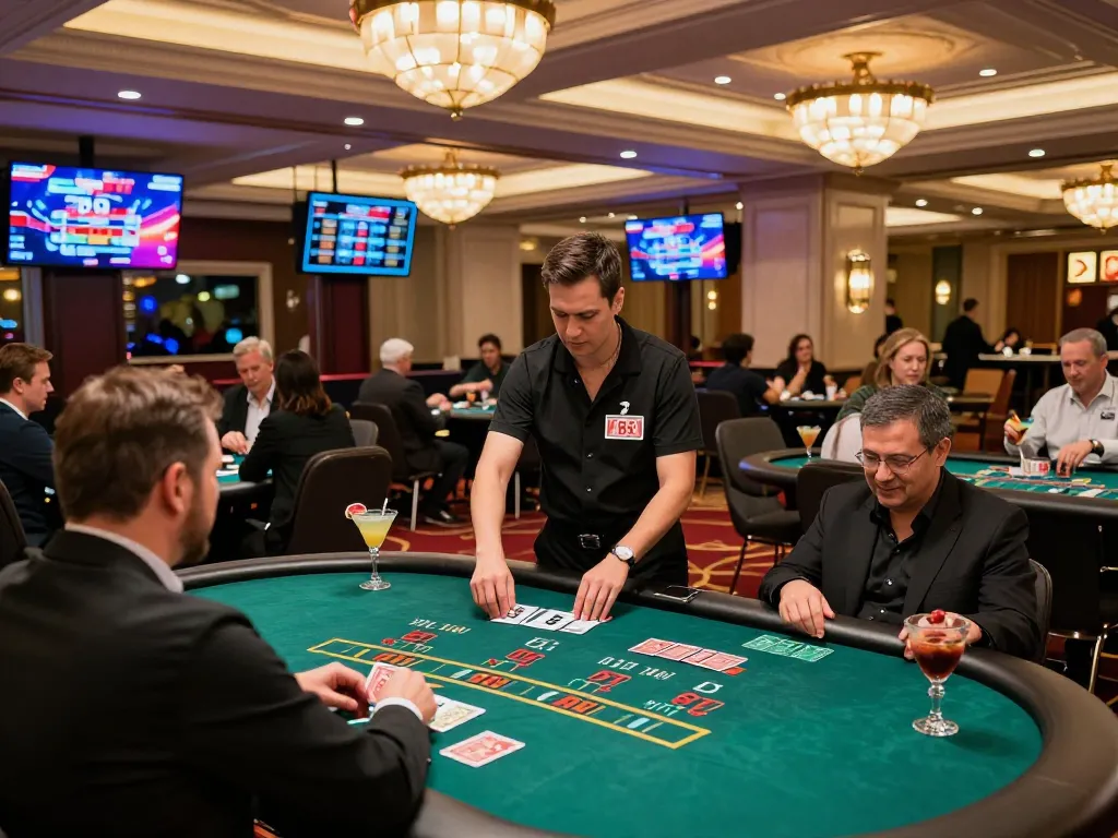 B52club players enjoying a lively blackjack game in an upscale casino environment with vibrant lights.