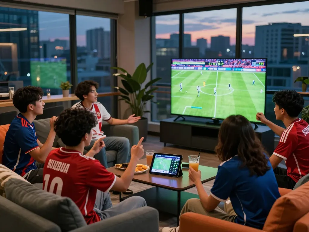 Group of friends discussing tỷ lệ kèo bóng đá in lively sports lounge during a match