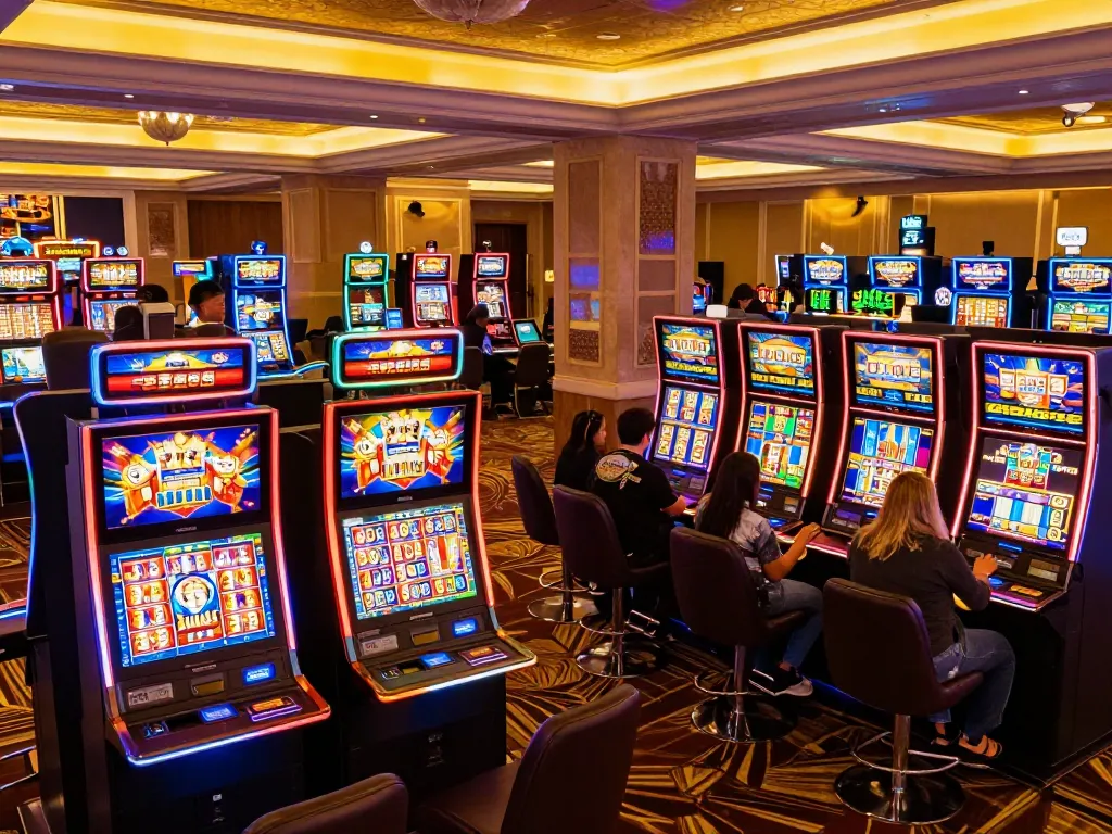 Players enjoying the thrill of slot bonus games amid vibrant casino atmosphere.