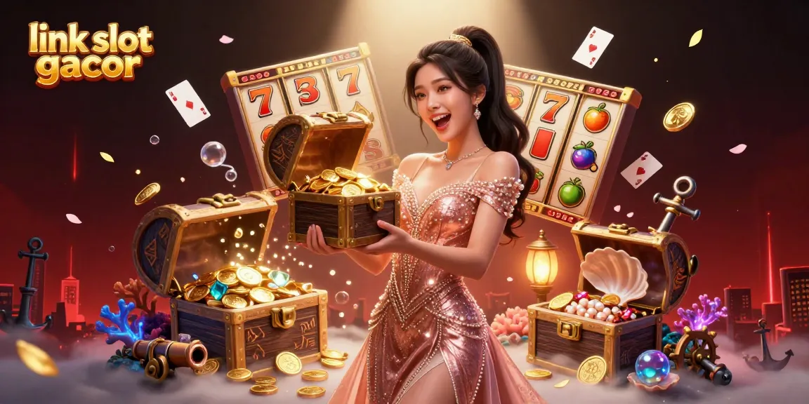 Experience thrilling gameplay with link slot gacor as a beautiful Asian woman presents treasures in a lively casino scene.