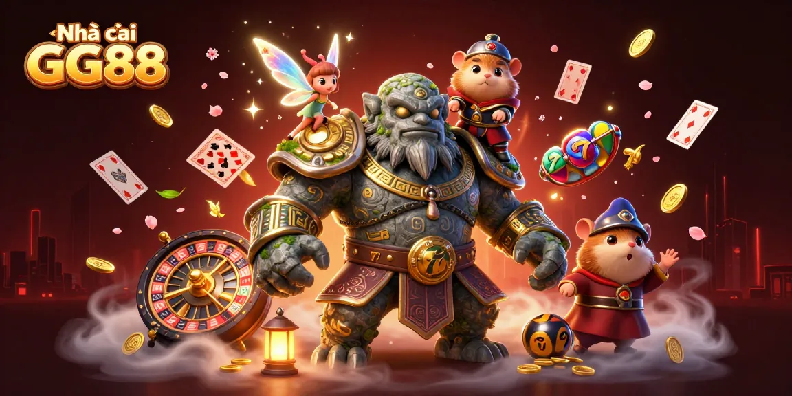 Experience the excitement at Nhà cái GG88 with a dynamic illustration showcasing casino elements and magical characters.