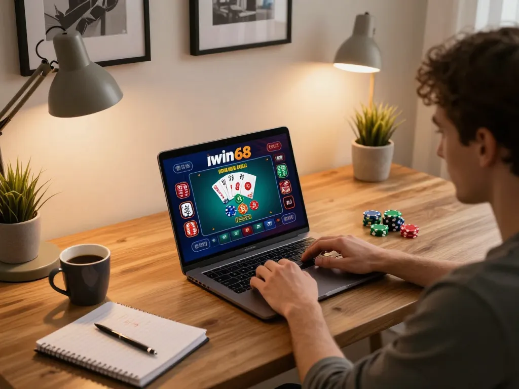 IWIN68 player engaging in online poker game on laptop at home workspace with strategy notes.