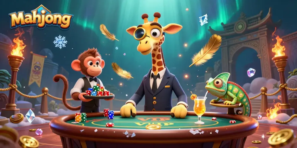 Mainkan mahjong di kasino dengan ilustrasi karakter menarik dan elemen kasino berkilau.