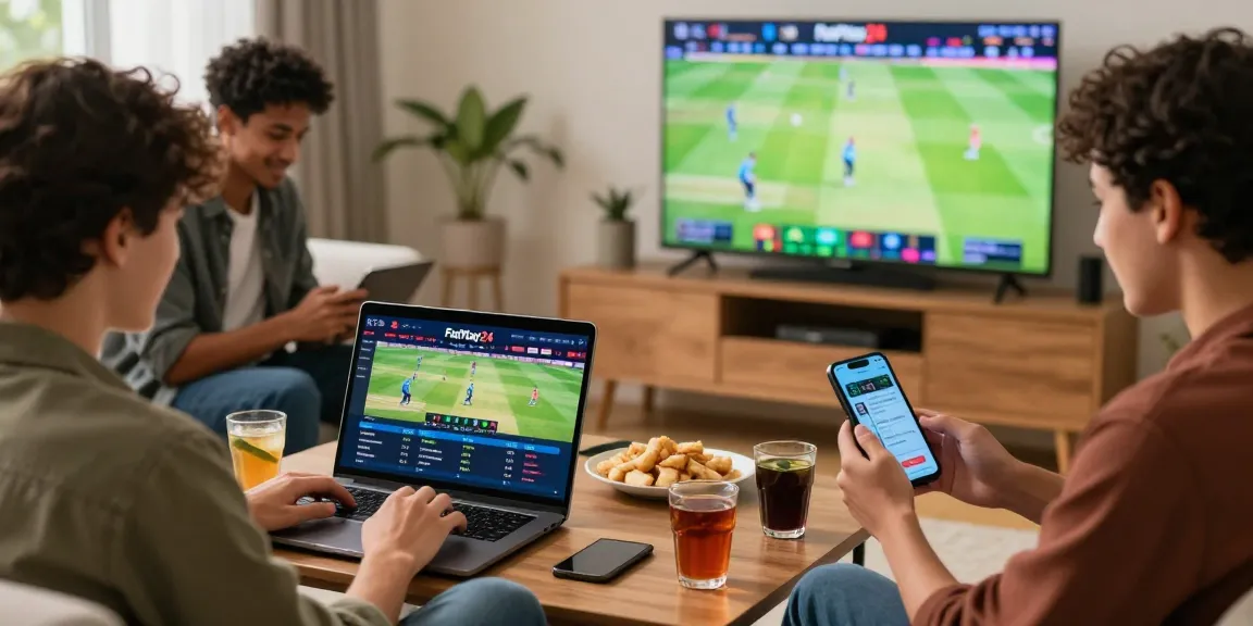 Friends engaging in lively online betting on Fairplay24 with devices and snacks in a cozy living room.