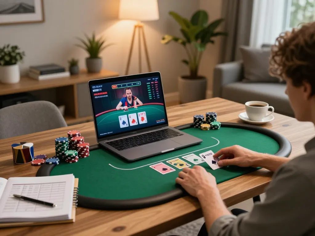 Engaged user playing at nhà cái jun88 with laptop, poker game visible on screen.