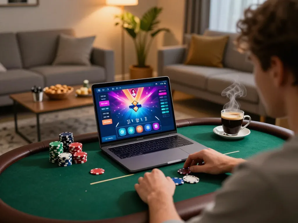 Engage with kuwin online poker gameplay at home, showcasing focused strategy and a cozy atmosphere