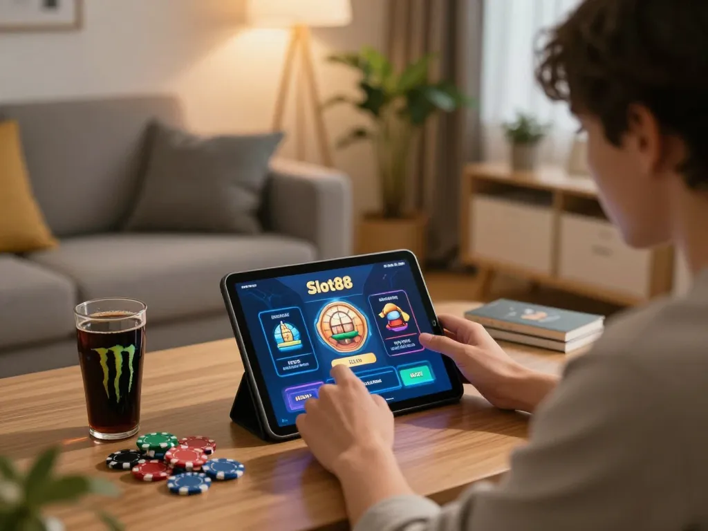 Players enjoying fast-paced Slot88 gaming session at home with cozy ambience and strategic approach.