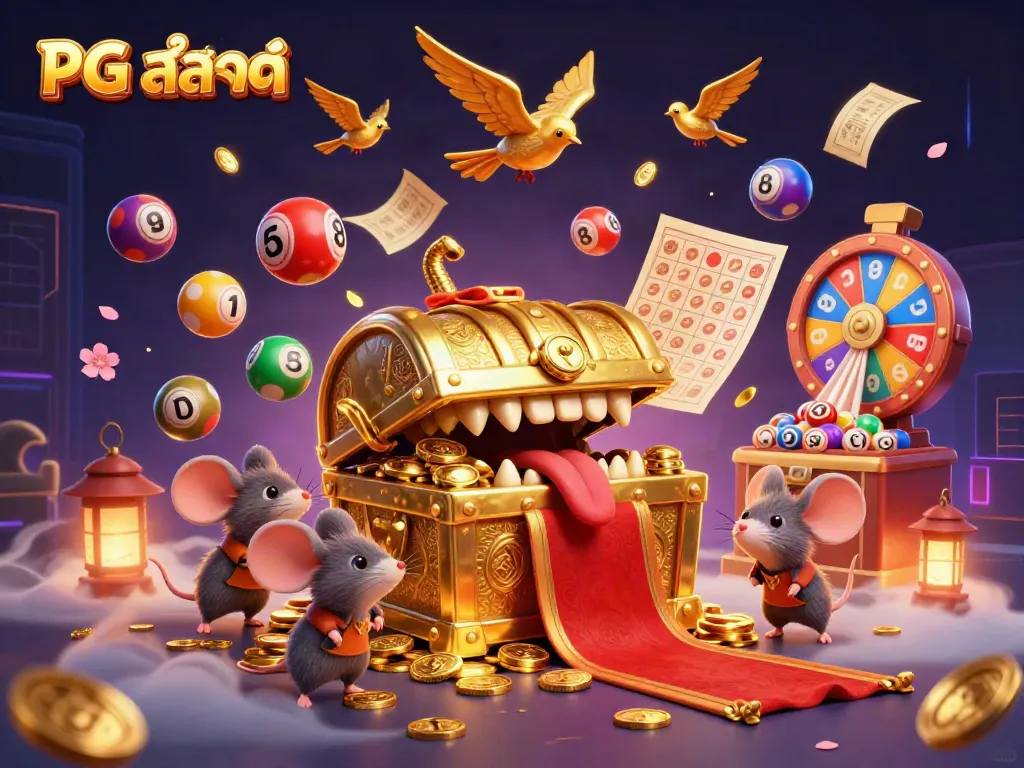 Experience exciting PG สล็อต adventures with a treasure chest, colorful lottery balls, and gold coins.