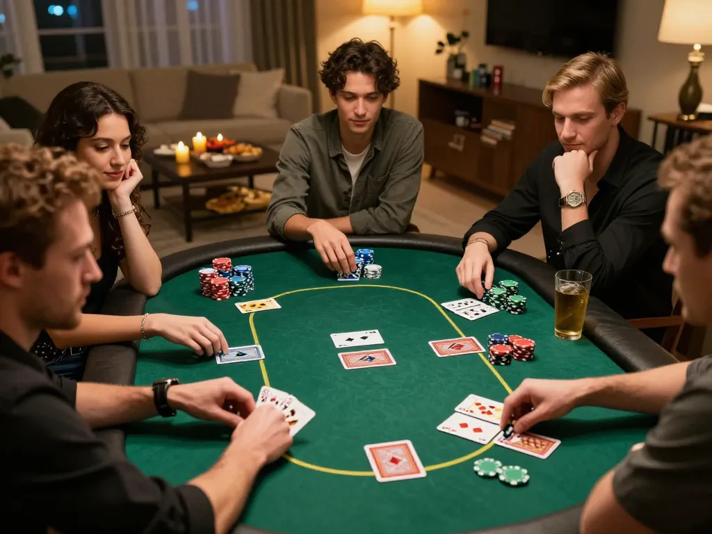 Friends enjoying a game of poker in a cozy atmosphere, showcasing Lc88 trang chủ gaming experience