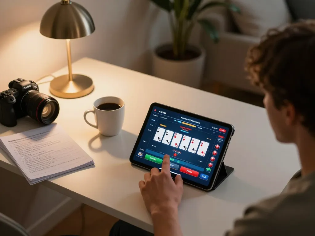 Engaging in online poker gameplay on Hubet with tablet displaying betting interface.