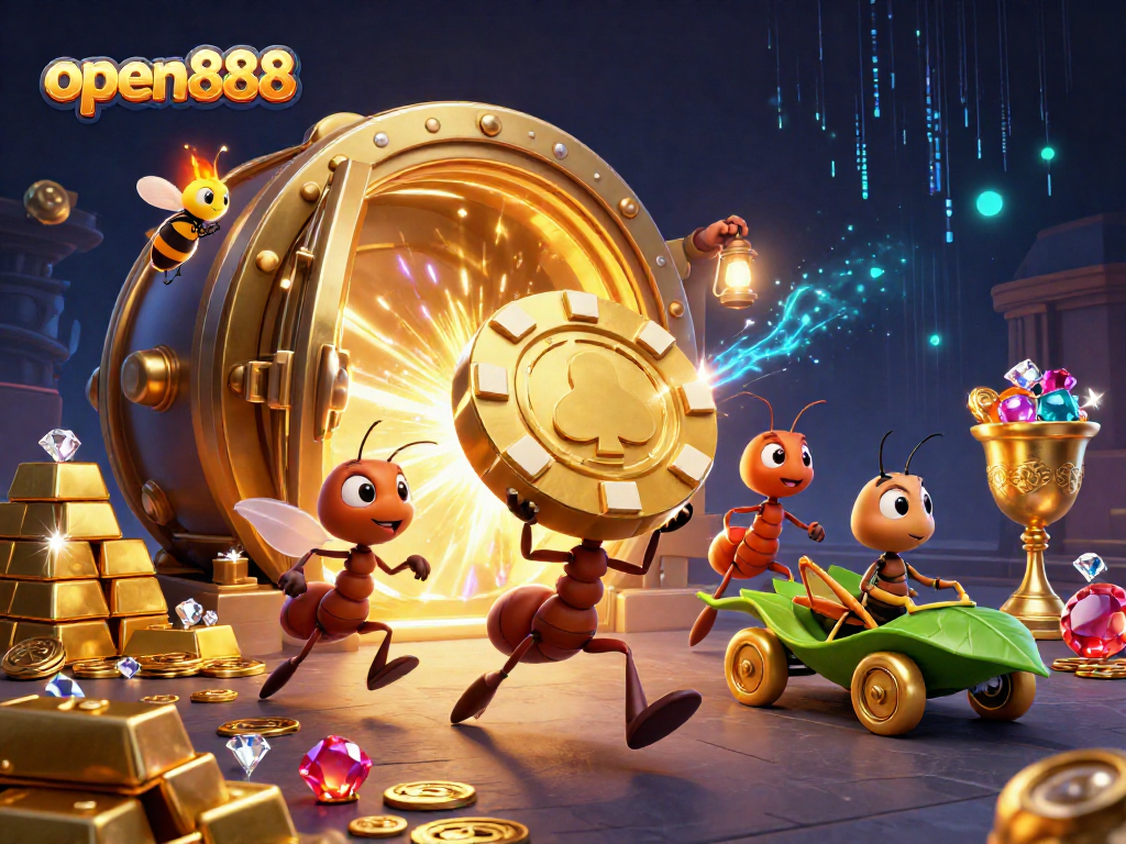 Engage in thrilling action at open888 with a 3D scene of ants planning a heist.