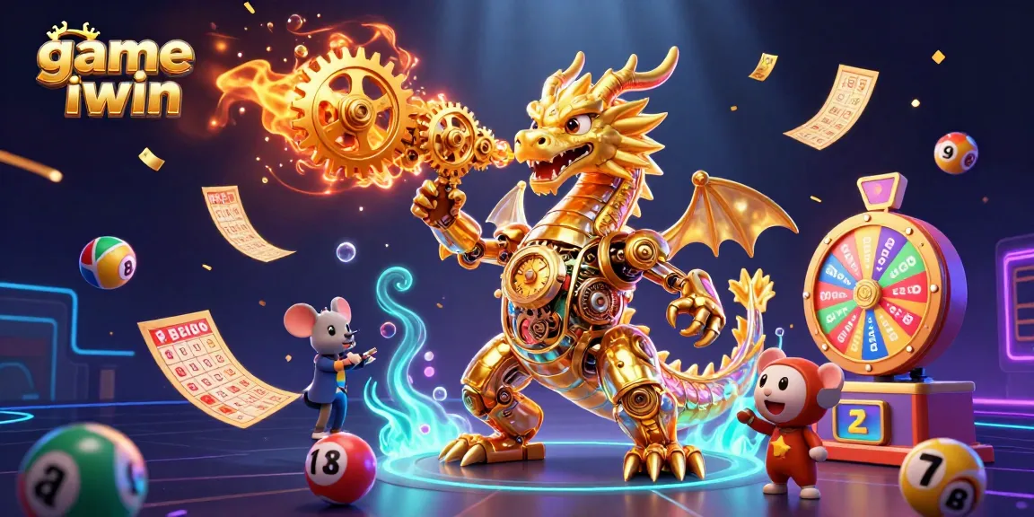 Engage in the dynamic world of game iwin with a vibrant 3D illustration showcasing lottery and gaming elements.