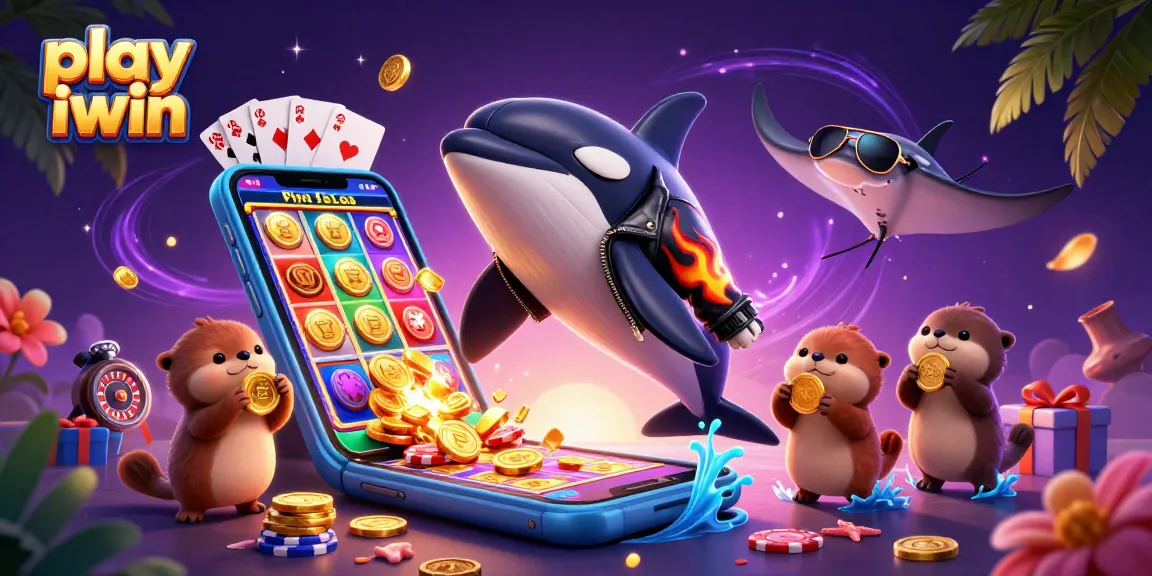 Play iwin with the orca jumping surrounded by vibrant casino elements.