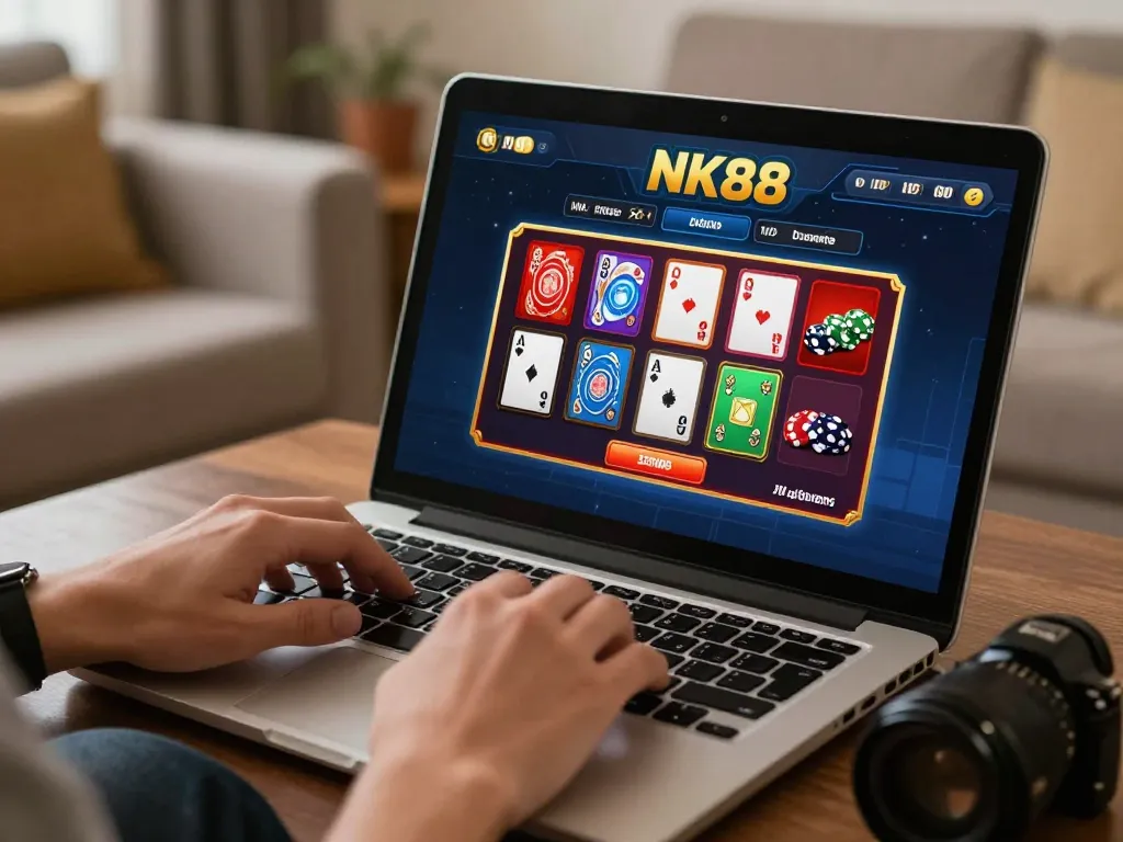 Engaging scene of NK88 đăng nhập with player selecting casino games on a laptop.