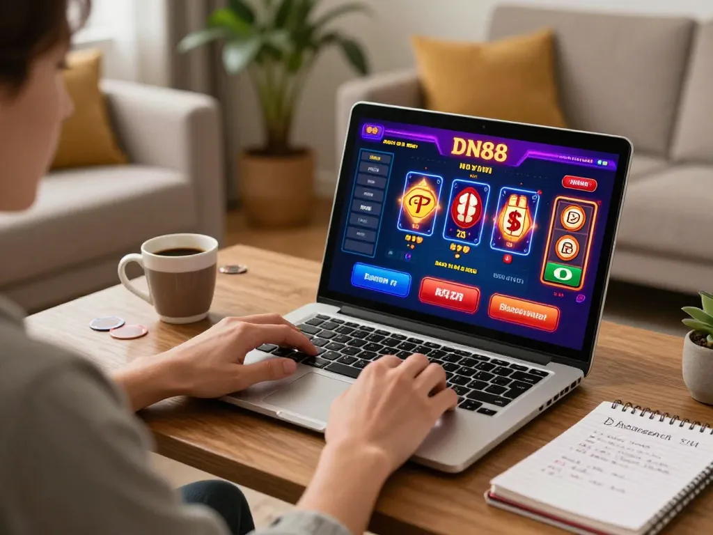 Engaging with DN88 on a laptop, showcasing the excitement of online gambling from home.