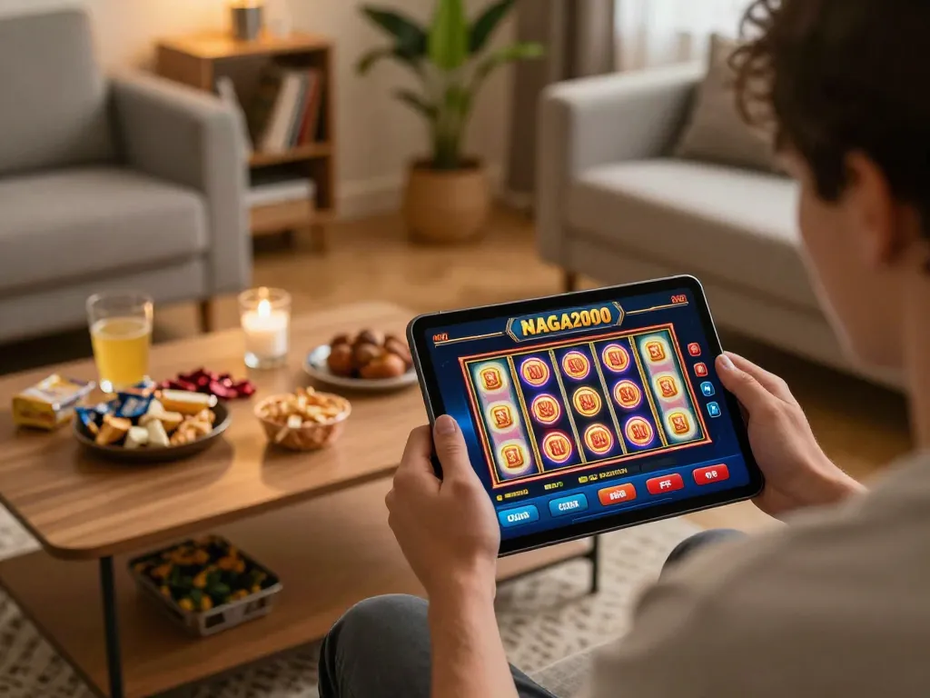 NAGA2000 online player celebrates a win on slot game, cozy home setting with snacks.