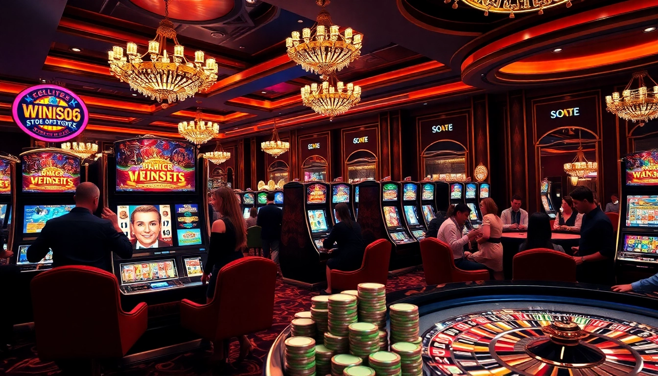 Excited players engaging with slot88 machines in a luxurious casino setting