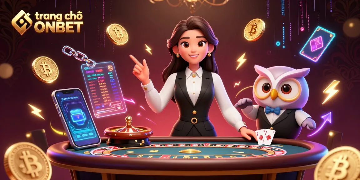 Engage in immersive gaming at trang chủ ONBET with professional dealers, neon crypto elements, and vibrant casino atmosphere.
