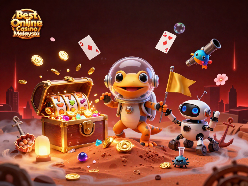 Engage with the Best Online Casino Malaysia featuring a Martian gecko exploring a golden casino.