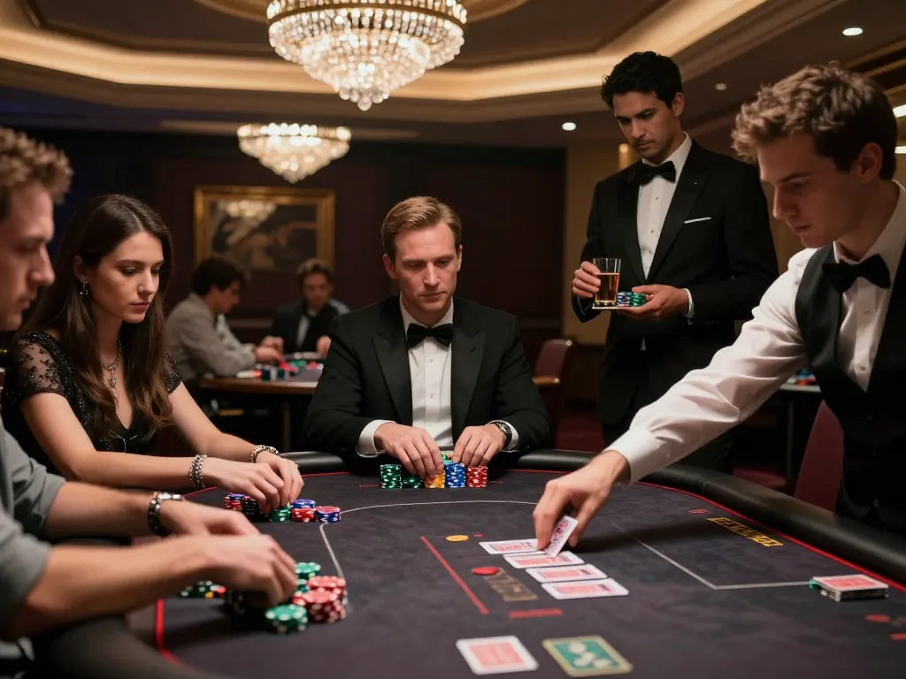 LGOGOAL players strategizing in intense poker game at a luxury casino table with chips and cards.