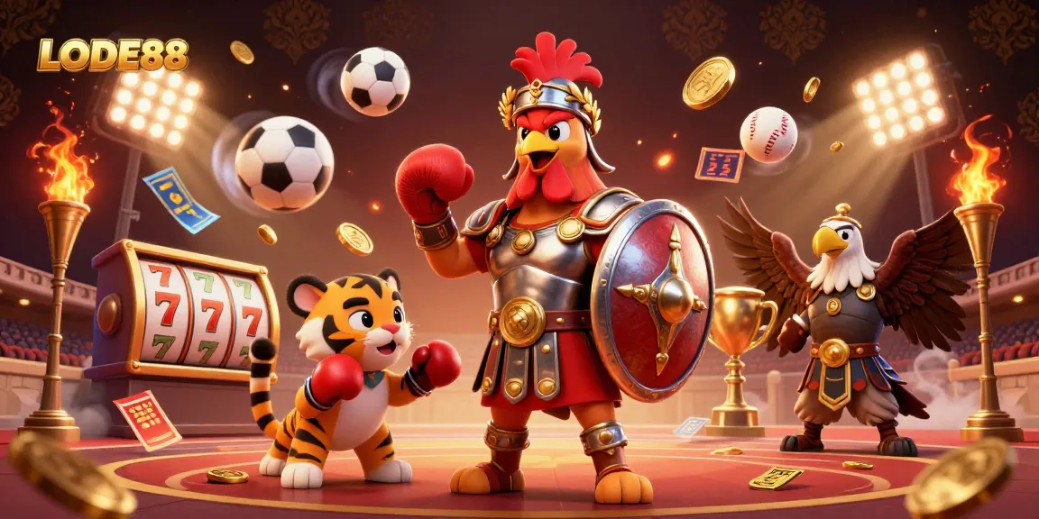 Engage with LODE88 through this dynamic illustration of a gladiator rooster in a vibrant casino scene.