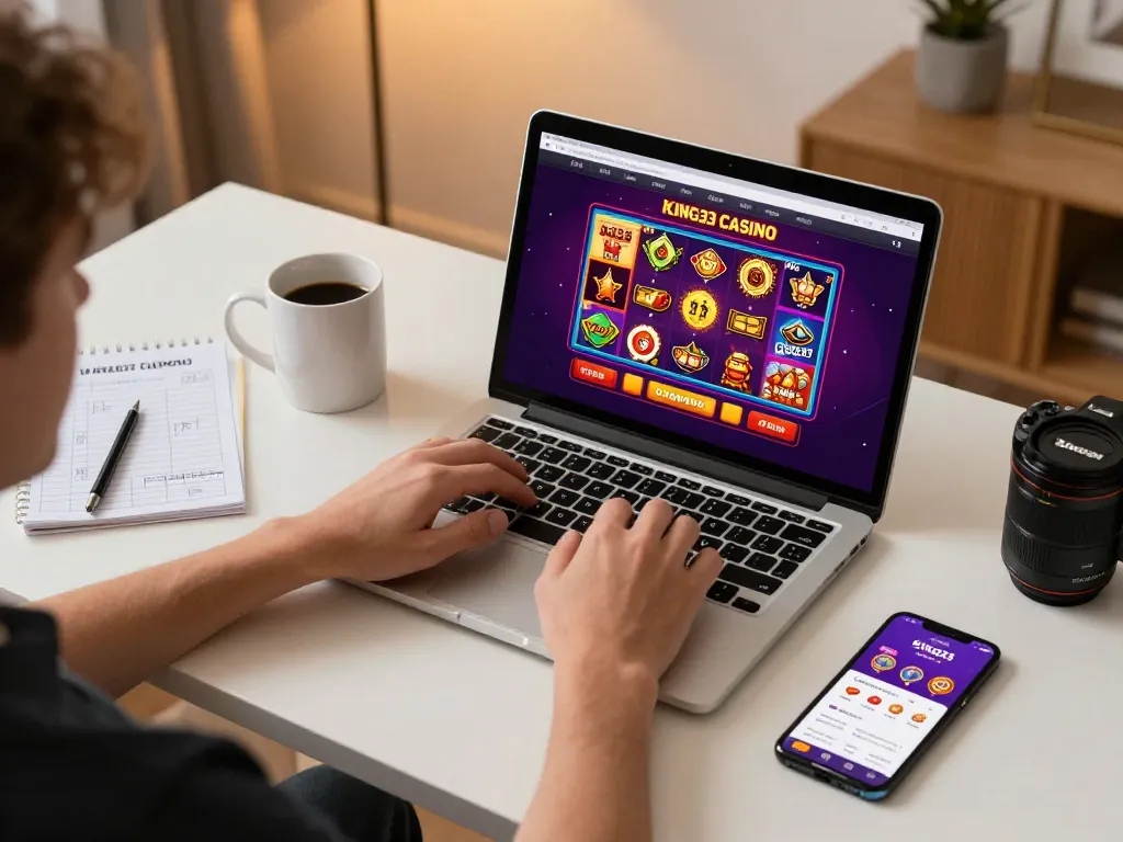 Engaged user plays king33 online casino on laptop with strategy notes nearby.