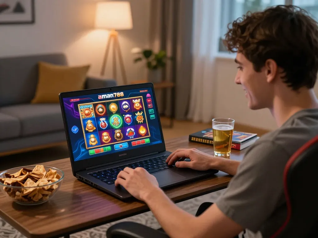 Terlibat dengan platform kasino online aman788 di laptop yang menampilkan permainan slot yang berwarna-warni