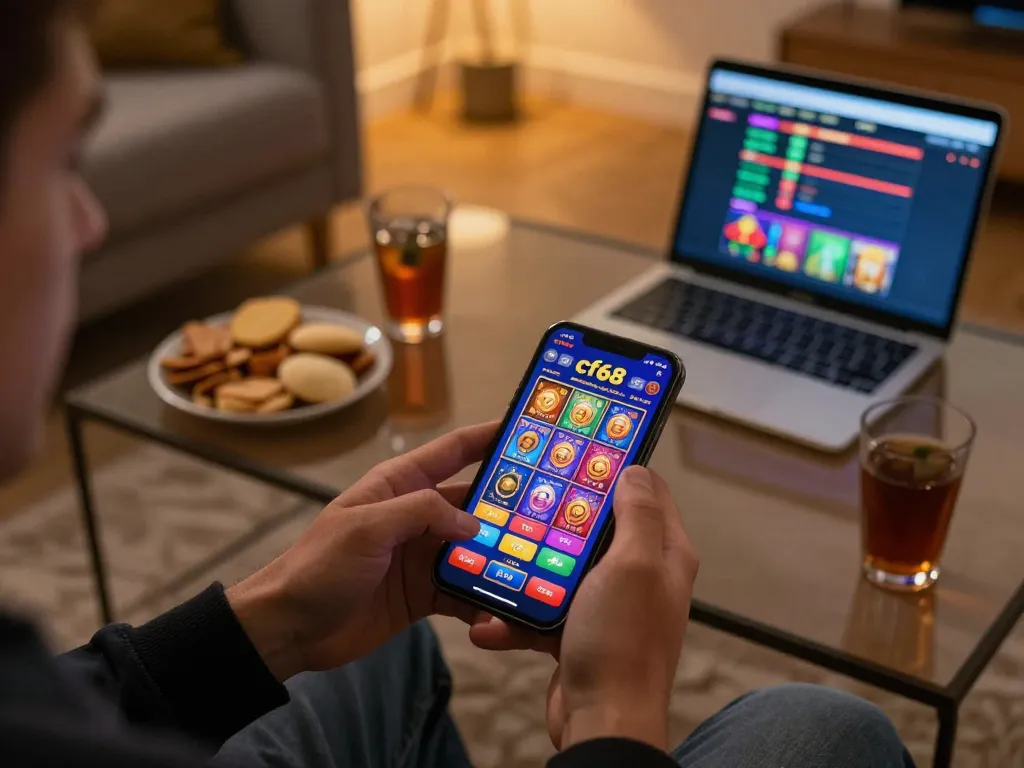 Player engaging with cf68 casino app on smartphone, showcasing vibrant game interface and snacks in cozy home setting.