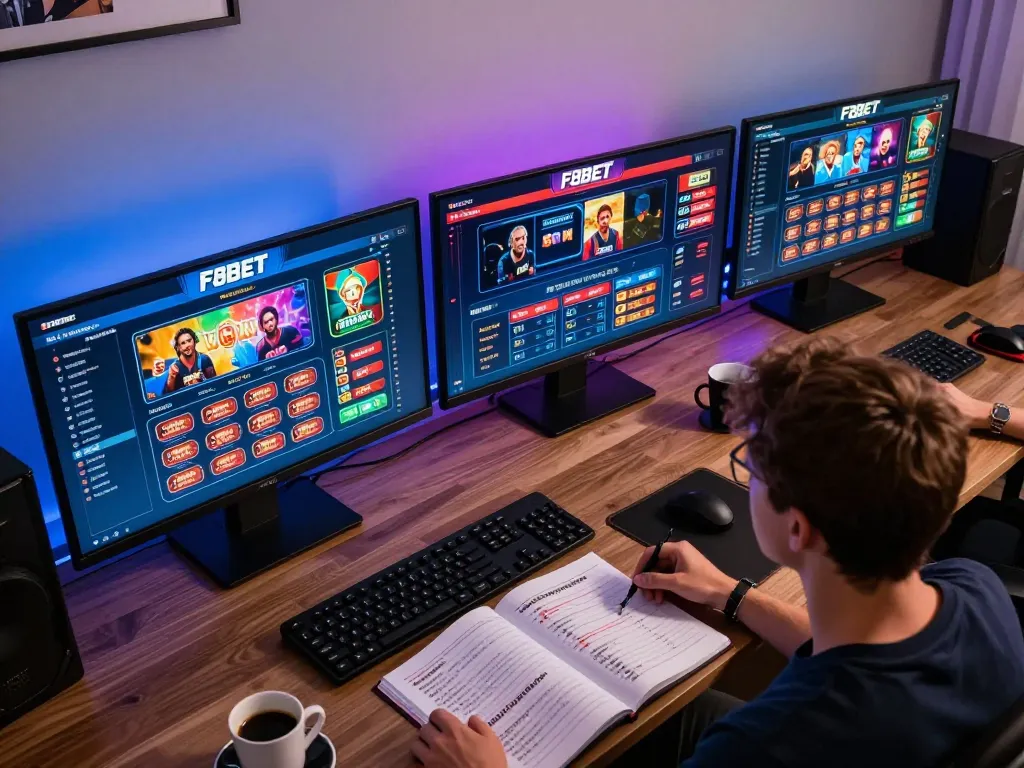 F8BET player analyzing betting strategies at a modern gaming desk with multiple screens.