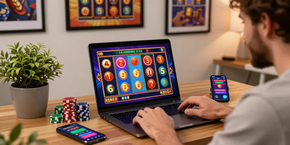 Player enjoying new online slot sites on a laptop with colorful slot graphics and casino chips.